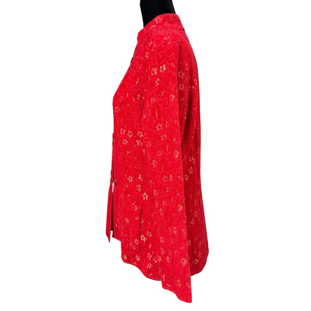 Chico’s Red Floral Jacquard Mandarin Collar Button Jacket Blazer Size 1 - Picture 4 of 7
